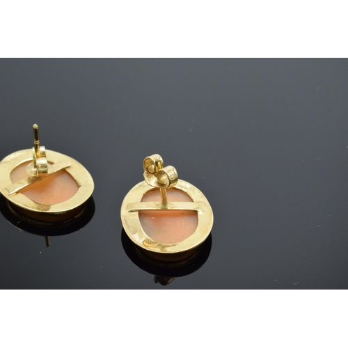 203L - Pair of cameo set earrings in gold coloured metal, testing as 18ct gold, and marked 18kt