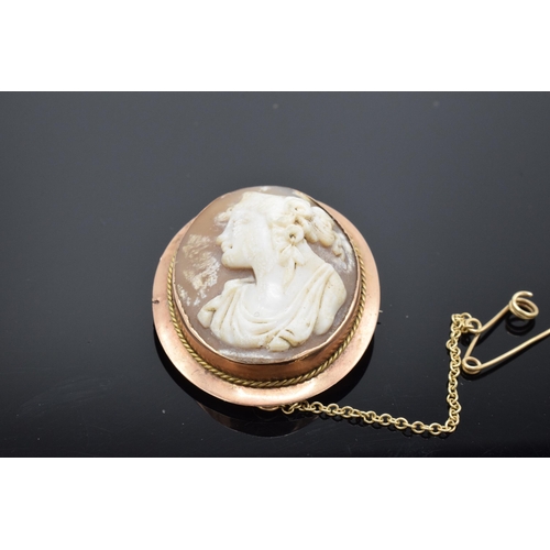 207 - 9ct gold carved shell cameo with gold safety chain. 7.6 grams.