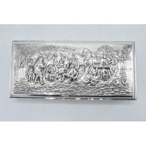 217 - Dutch silver cigarette box with repoussé decoration of a tavern scene. 18 x 8cm.