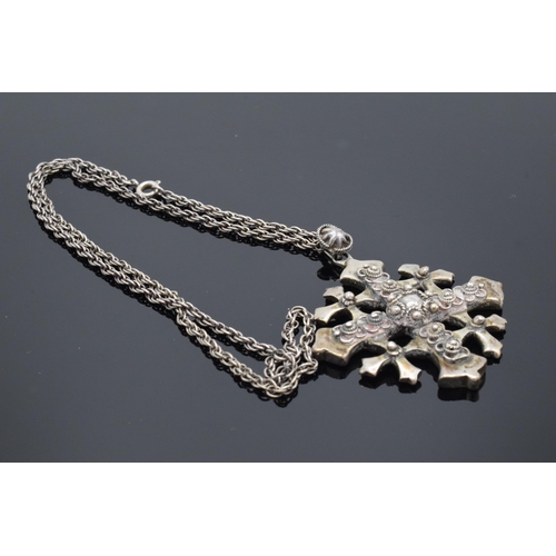 221 - A silver Jerusalem Cross pendant and white metal. 33.2 grams. '800 Jerusalem'. 47cm length of chain.