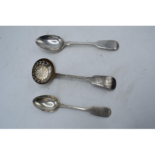 227 - A collection of silver to include a Victorian sifter spoon Edinburgh, a tea spoon and a dessert spoo... 