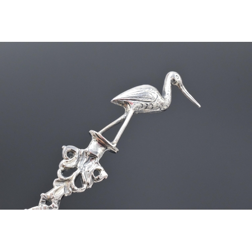 234 - Dutch silver spoon with heron finial. 63.5 grams. 22cm long.