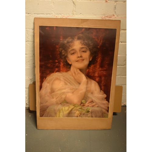 258 - Pears Soap advertising print of a lady in robes holding foliage on card. Approx 75 x 52cm.