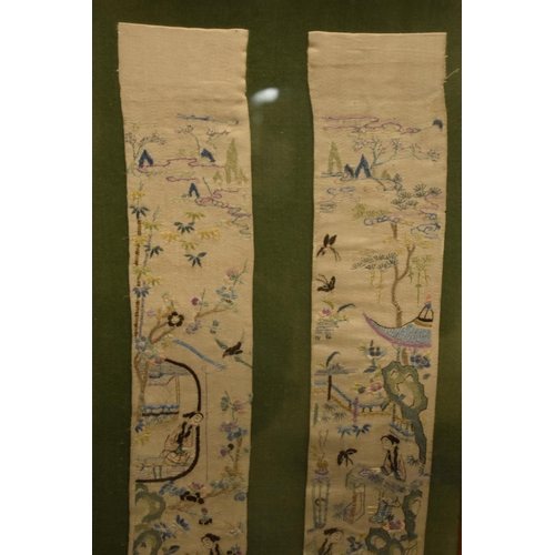 270 - A late 19th / early 20th century Chinese embroidered silk panels in later frame. Approx length of th... 