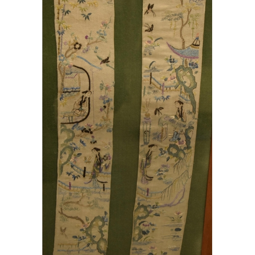 270 - A late 19th / early 20th century Chinese embroidered silk panels in later frame. Approx length of th... 