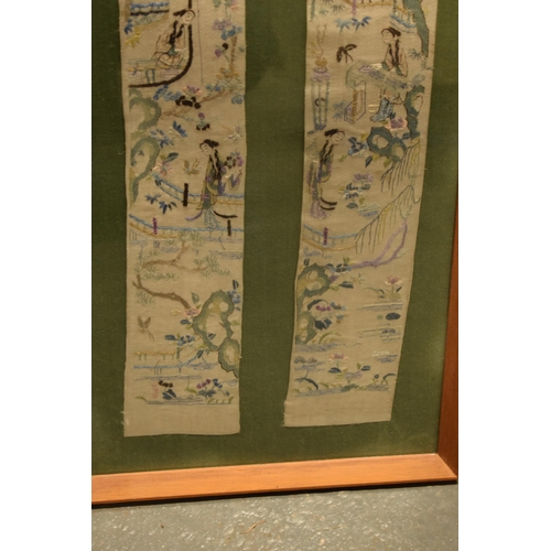 270 - A late 19th / early 20th century Chinese embroidered silk panels in later frame. Approx length of th... 
