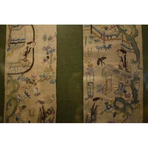 270 - A late 19th / early 20th century Chinese embroidered silk panels in later frame. Approx length of th... 