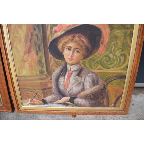 289 - A 20th century portrait of a lady in a maple frame (unsigned) (75 x 65cm) together with a similar em... 