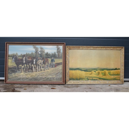 291 - Agricultural interest: An oil on canvas depicting  a scene of horses ploughing with an indistinctive... 