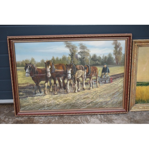 291 - Agricultural interest: An oil on canvas depicting  a scene of horses ploughing with an indistinctive... 