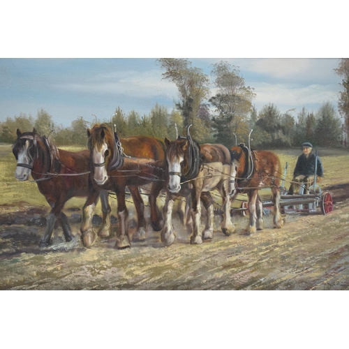 291 - Agricultural interest: An oil on canvas depicting  a scene of horses ploughing with an indistinctive... 