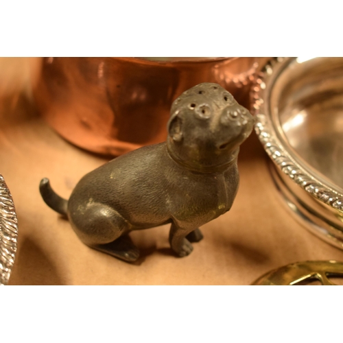 298 - A good collection of metalware to include a pewter dog pepperette, horse brasses, Georgian style sil... 