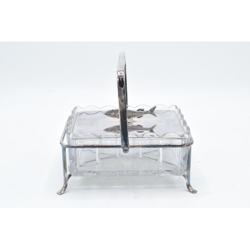 313 - Silver plated and glass sardine dish with sardine finial to lid.