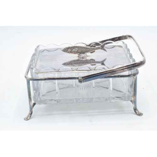 313 - Silver plated and glass sardine dish with sardine finial to lid.