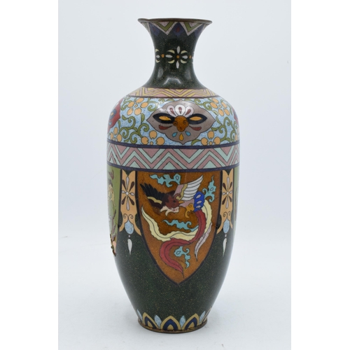 318 - A large cloisonné vase with scenes resembling cock fighting. 31cm tall. Generally in good condition ... 