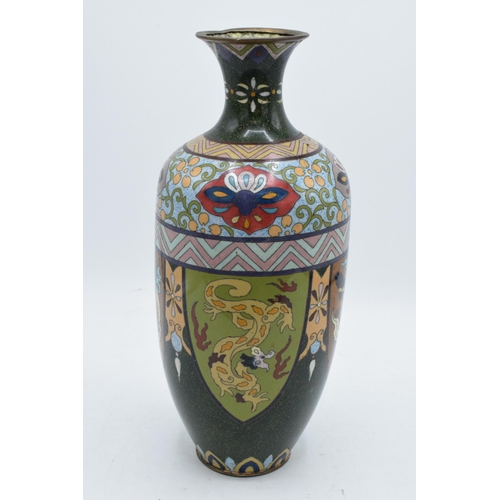 318 - A large cloisonné vase with scenes resembling cock fighting. 31cm tall. Generally in good condition ... 