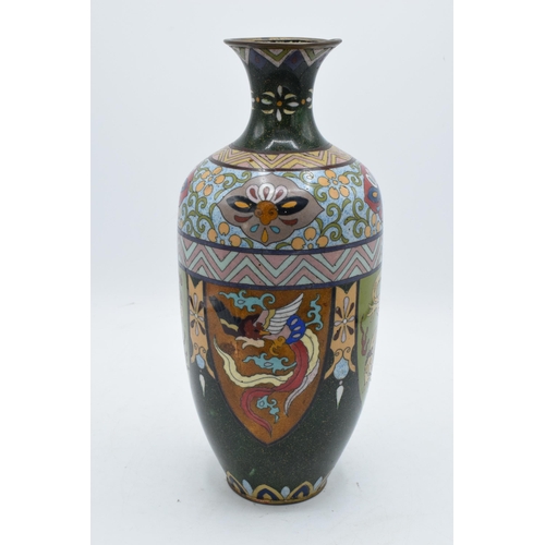 318 - A large cloisonné vase with scenes resembling cock fighting. 31cm tall. Generally in good condition ... 