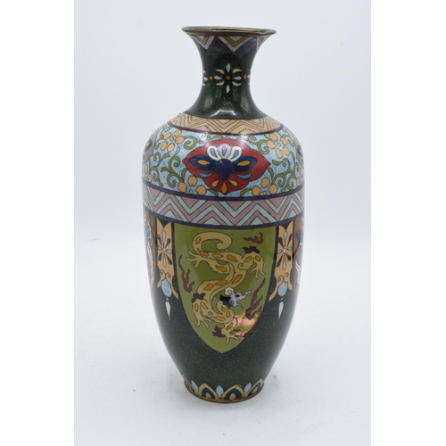 318 - A large cloisonné vase with scenes resembling cock fighting. 31cm tall. Generally in good condition ... 