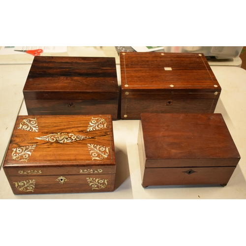 322 - A collection of 4 late 19th / early 20th century wooden jewellery boxes / caddies, some with Mother ... 