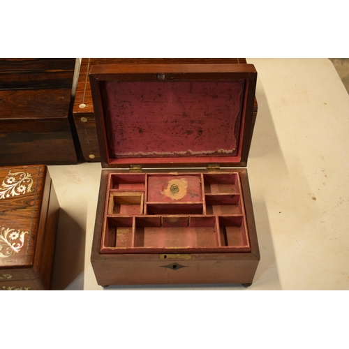 322 - A collection of 4 late 19th / early 20th century wooden jewellery boxes / caddies, some with Mother ... 