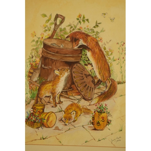 323 - A framed water colour of foxes playing around a dustbin signed 'Garry Marsh 1996'. 35 x 29cm inc fra... 