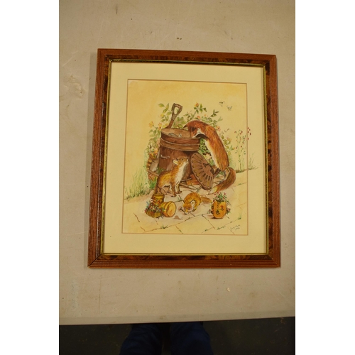 323 - A framed water colour of foxes playing around a dustbin signed 'Garry Marsh 1996'. 35 x 29cm inc fra... 