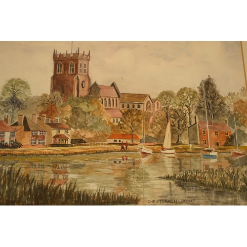 324 - A framed watercolour of Christchurch, Dorset with indistinctive signature. 49 x 37cm inc frame.