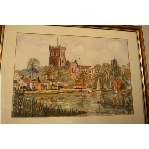 324 - A framed watercolour of Christchurch, Dorset with indistinctive signature. 49 x 37cm inc frame.