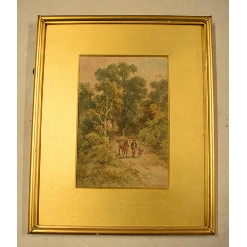 327 - A framed watercolour of a man walking his horse with a child through a woodland path. Signed by H Ea... 