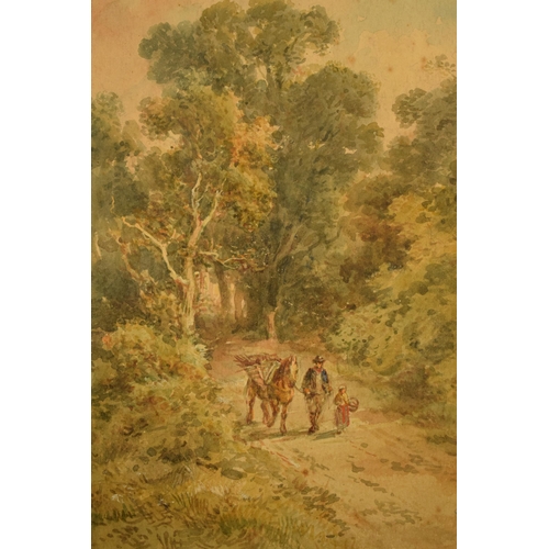 327 - A framed watercolour of a man walking his horse with a child through a woodland path. Signed by H Ea... 