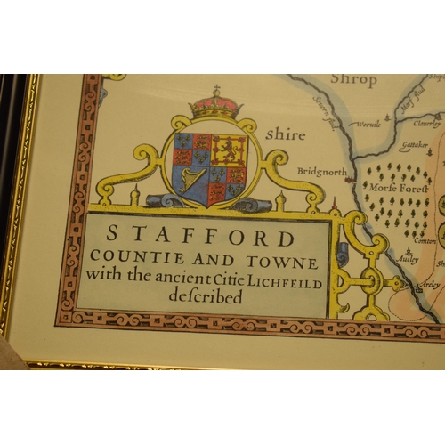 348 - A reproduction print of a John Speed 17th century map of 'Stafford Countie and Towne with the ancien... 