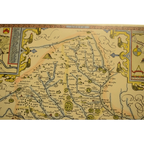 348 - A reproduction print of a John Speed 17th century map of 'Stafford Countie and Towne with the ancien... 