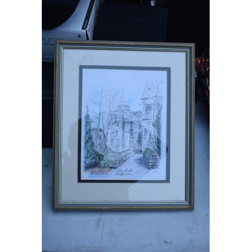 368 - A framed print of Alton Castle, Staffordshire, signed by Lois Scragg 1996. 41 x 34cm inc frame.