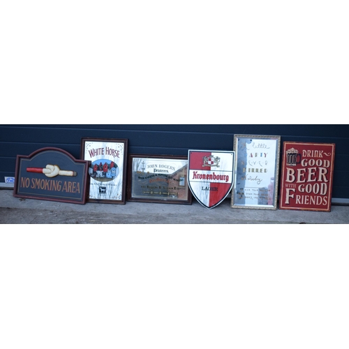 369 - A good collection of pub-related wall hanging items to include a No Smoking area sign, Kronenbourg s... 