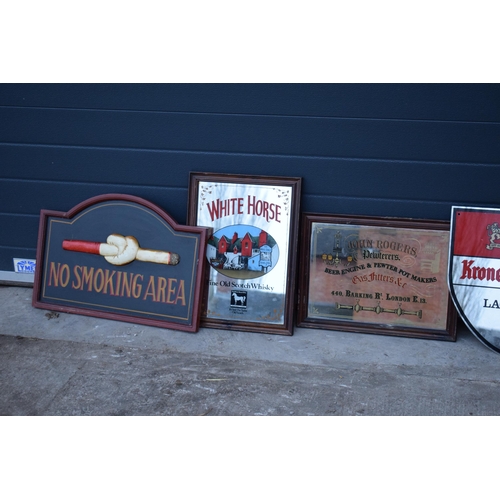 369 - A good collection of pub-related wall hanging items to include a No Smoking area sign, Kronenbourg s... 