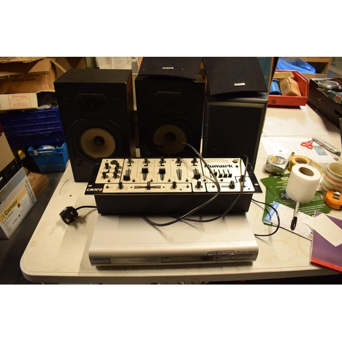 372 - A collection of Hi Fi and audio equipment and similar to include Numark CM100 mixing board, a pair o... 