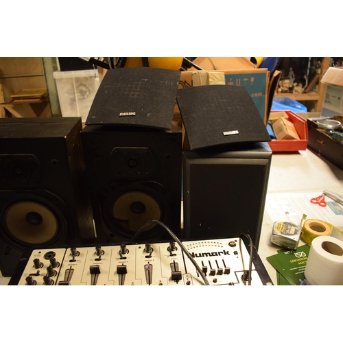 372 - A collection of Hi Fi and audio equipment and similar to include Numark CM100 mixing board, a pair o... 