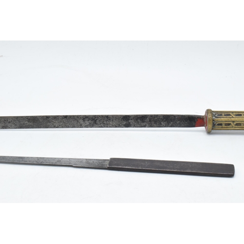 379 - Small Japanese steel dagger, the handle decorated with a dragon, the blade appears to bear a signatu... 