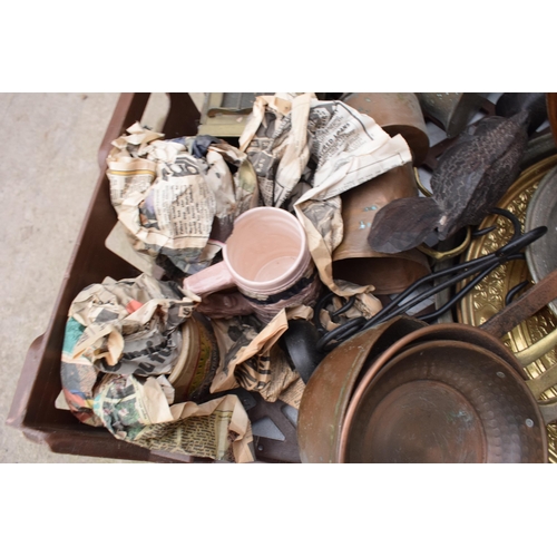 385 - A mixed collection of items to include a traditional lantern, copper jug, tankards, brass ware, meas... 