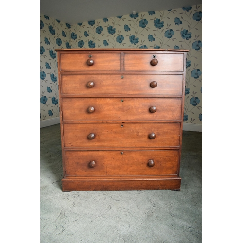 394 - Victorian wooden 2 over 4 chest of drawers with turned wooden handles. 106 x 52 x 122cm tall. In goo... 