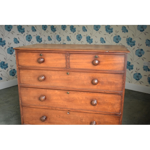 394 - Victorian wooden 2 over 4 chest of drawers with turned wooden handles. 106 x 52 x 122cm tall. In goo... 