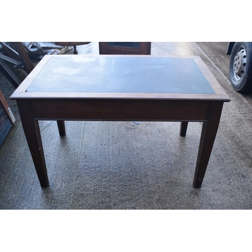 397 - A late 19th / early 20th century wooden desk with a black leather inset with 2 drawers. 123 x 76 x 7... 