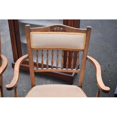 406 - Pair of carver chairs. 90cm tall. Glue to one arm. In good functional condition with some scratches,... 