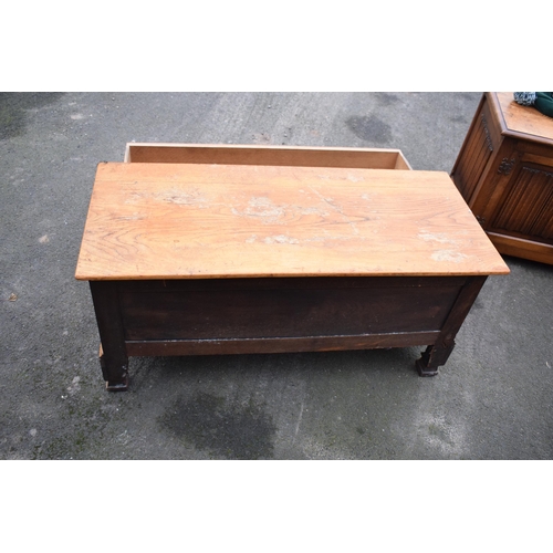 410 - An early 20th century blanket box with detachable lid made from the base of a wardrobe with sliding ... 