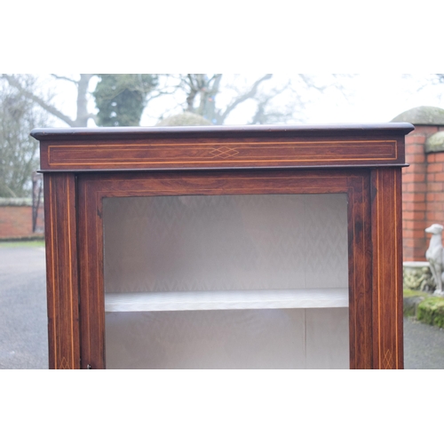 414 - Edwardian mahogany inlaid display cabinet with glazed door and 3 shelves. 77 x 30 x 104cm tall. 

In... 