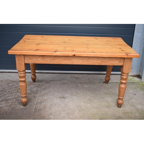 421 - A late 20th century thick pine topped kitchen table. 152 x 89 x 78cm tall. In good functional condit... 