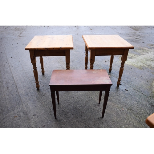 422 - A pair of late 20th century thick pine topped tables together with a piano stool with folding top. 7... 