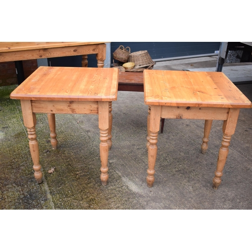 422 - A pair of late 20th century thick pine topped tables together with a piano stool with folding top. 7... 