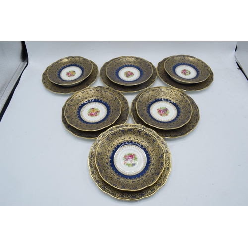 77 - George Jones Crescent China part tea set to include 6 cups, 6 saucers, 6 sides (6 trios), a sugar bo... 