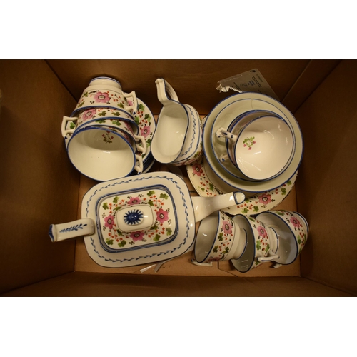 63 - A collection of 19th century tea ware with pink floral decoration amongst foliage to include a teapo... 